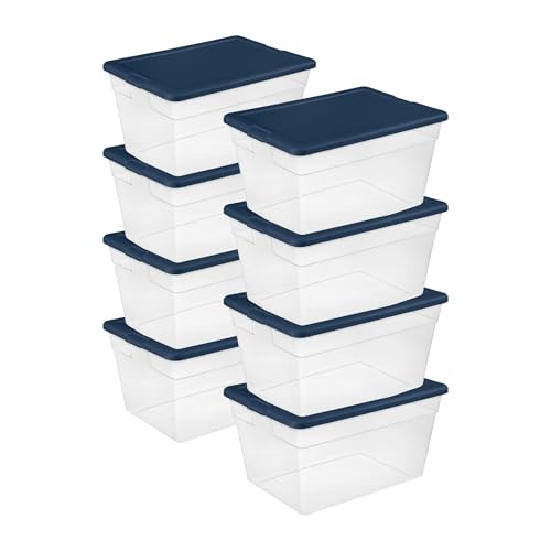 Sterilite 8-Pack Storage Box, Plastic Container Bins with Lids, 56 Quart, Marine Blue - Heavy-Duty Organizing Containers for Closet, Bathroom, and Office