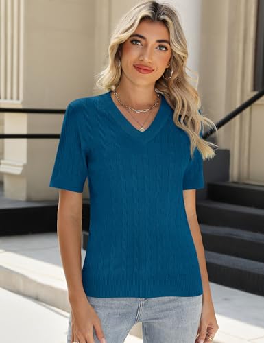 Kistore Womens Summer Short Sleeve Sweaters Tops V Neck Cable Knit Lightweight Sweater Shirts Blouses 20252
