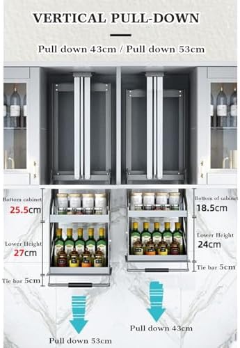 Heavy-Duty 2-Tier Pull Down Shelf for Upper Cabinets, Space-Saving Folding Organizer, Convenient Wall-Mounted Storage Solution (60cm Cabinet H 62cm)
