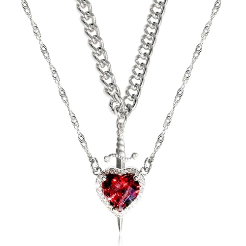 BCHMN 2-teiliges Set Silver Partner Kette Schwert Herz Kette Partnerkette Y2K Schmuck Vintage Paar Halsketten Partner Ketten für Sie und Ihn Valentines day Pärchen Schmuck