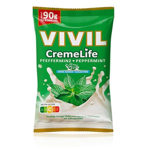 VIVIL Crema Life Menta, 1 bolsa, caramelos de crema fresca con sabor a menta, sin azúcar y sin gluten, 1 x 90 g