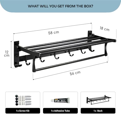 Image of Amazon Basics Towel Holder in Bathroom 24 Inch, Foldable Wall Mounted Double Tier Aluminum Towel Rack for Bathroom with Shelf, Rod & Hooks, Rustproof Bathroom Organizer