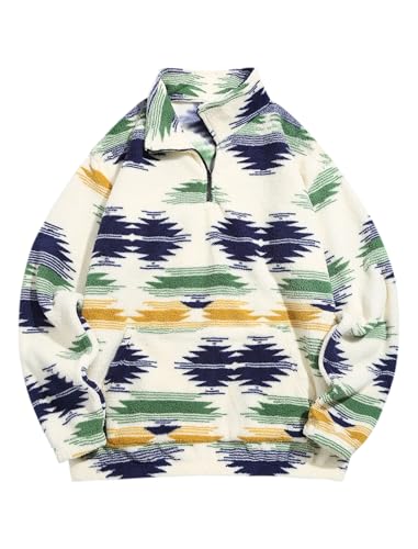 Image of ZAFUL Men 1 /4 Zipper Ethnic Aztec Fleece Unisex Winter Sweatshirt Tops 2026 | Funnel Neck Fluffy Polar Fleece Faux Sherpa Soft Thermal Pullover Kangaroo Pocket Jacket Hoodie Tops