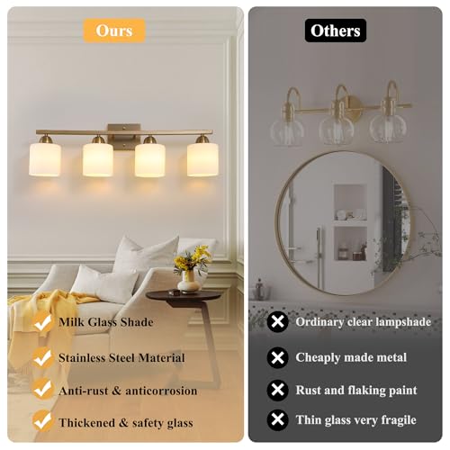 Image of Mecgirn Milk Glass Vanity Lights for Bathroom, 4 Light Brass Bathroom Light Fixtures Over Mirror, Ceramic E26 Sockets Wall Mounted