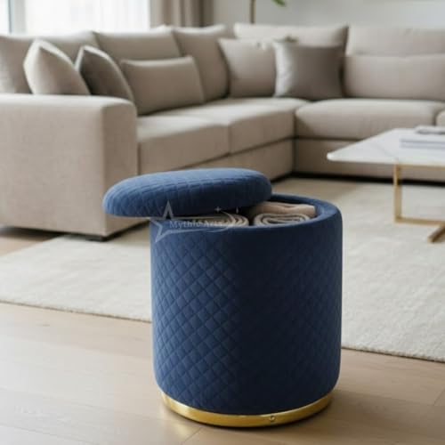 Image of Premium Round Storage Ottoman Stool 13 X 13X 16 inch, with Gold Metal Base | Luxury Pouffe with Hidden Storage | Cushioned Footrest for Living Room, Bedroom & Lounge Blue