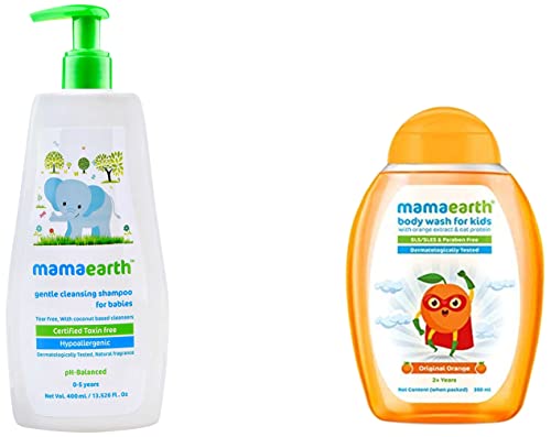 Image of Mamaearth Gentle Cleansing Natural Baby Shampoo, 400ml (White) & Original Body Wash For Kids with Oat Protein - 300 ml, Orange, 1 count