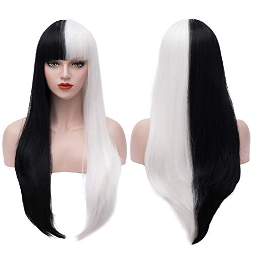Bopocoko 32 Inch Extra Long Wig Black White Cosplay Costume Wigs for Women Halloween Costumes Wigs with Wig Cap BU229