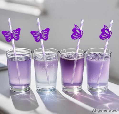 Pitillos decorativos de papel mariposa morado pack 24 miniatura 6