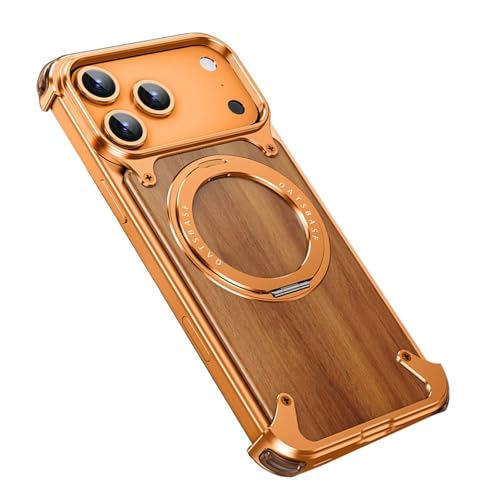 Coque iPhone 17 Pro Max en bois et métal avec anneau rotatif orange premium