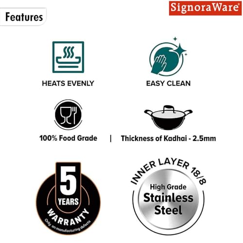 Image of Signoraware Artista Tri Ply Stainless Steel Shallow Kadhai 26cm with Glass Lid | Induction & Gas Compatible | Durable | Ideal for Stir Frying & Sauteing | Best for Curry & Gravies (4 LTR | Steel)
