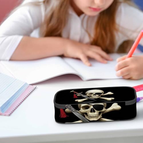Image of Skull Pirate Pencil Case Crossbones Eye Halloween Day Of The Dead Black Pencil Bag Pouch Box Organizer for College School Students Boy Girl