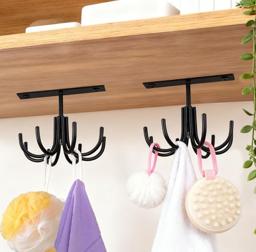 Image of Metal Under Cabinet Kitchen Utensil Hooks,360 Rotating Kitchen Utensil Rack with 8 Hooks,Drilling Free Adhesive Utensils Hanging Rack for Tools /Towel /Knife (Black)