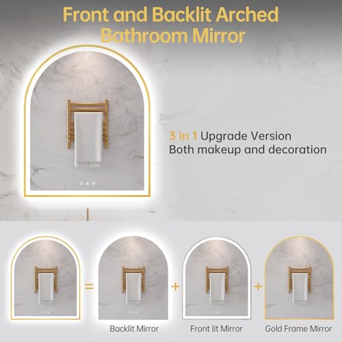 Image of 30 inchx36 inch Arched LED Mirror for Bathroom, Brushed Gold Lighted Bathroom Mirror with Lights, Fogless, Dimmable, Shatterproof, Touch Sensor, 3 Color Changing