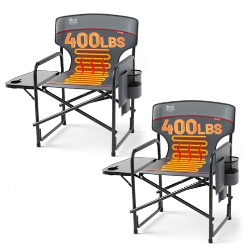 TIMBER RIDGE Heated Aluminum Oversized Camping Chair, Lightweight Portable Directors Chair with Side Table Detachable Side Pocket for Outdoor Camping, Lawn, Picnic, Support 400lbs Gray, 2 Pack