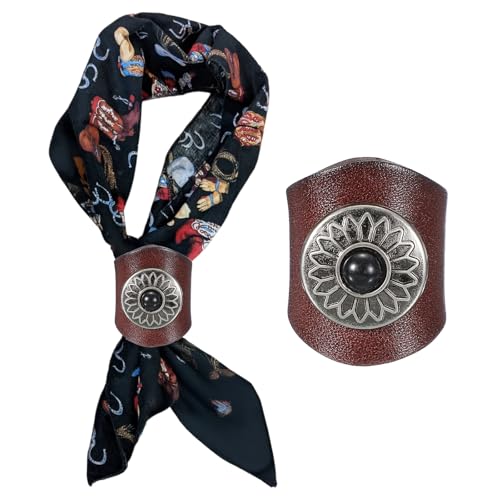 PATIKIL Western Bandana Scarf Ring, Men Square Handmade Leather Sunflower Gem Scarf Slide Ring Vintage Cowhide