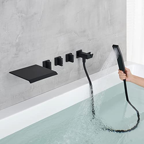 Qinkell Wall Mount Waterfall Bathtub Faucet Hand Shower High Flow Black Roman Tub Filler With 3 Knobs #TOP7