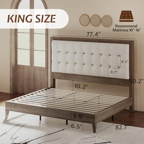 Image of Jocisland King Bed Frame Solid Wood,50 inch Tall Upholstered Headboard,Ash Gray