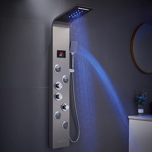 Rovate 6-In-1 Led Rainfall Waterfall Shower Panel Tower System With 2-Mode Powerful Body Jets, Multi-Function Stainless Steel Shower Tower Rain Massage System With Handheld And Tub Spout,(Brushed) #TOP14