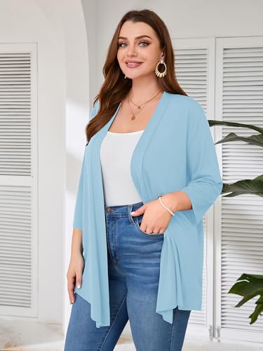 Image of AusLook Women's Plus Size Lightweight Open Front Cardigan 3 /4 Sleeve Cover Ups Shrugs Shawls and Wraps Kimono Jacket Coat