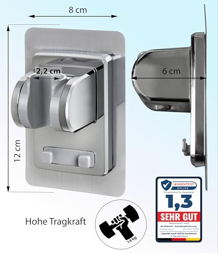 BLUMBACH® Duschkopfhalterung ohne Bohren - DAS ORIGINAL - Duschhalterung kleben statt Bohren - Neigung verstellbar, KU - silber, Duschkopf Halterung, Shower head holder mit extra starkem Klebepad