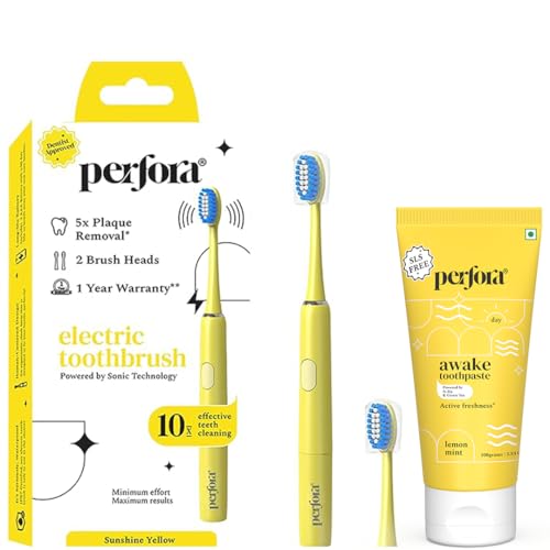 Image of Perfora Electric Toothbrush, 2 Modes, AAA Powered, 2 Brush Heads, 90 Days Battery | 1 Year Warranty | For Men, Women & Kids, 002-Yellow (Brush-Toothpaste Combo), 2 Count