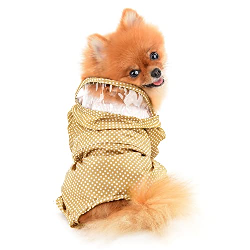 Paideful Small Dog Raincoat Polka Dot Four-Leg Rain Jacket Waterproof Puppy Clothes Lightweight Adjustable Drawstring Stylish Cats Costume, Beige, S #TOP3