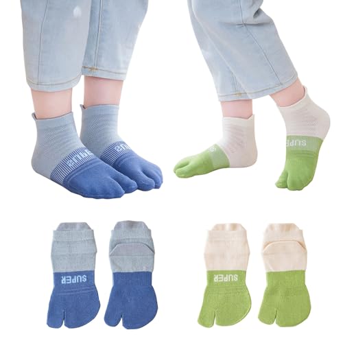 2 Pairs Cotton Two Toe Split Tabi V Socks Athletic Running Breathable Mesh Seperated Socks for Kids Girls Boys 3-12 Years