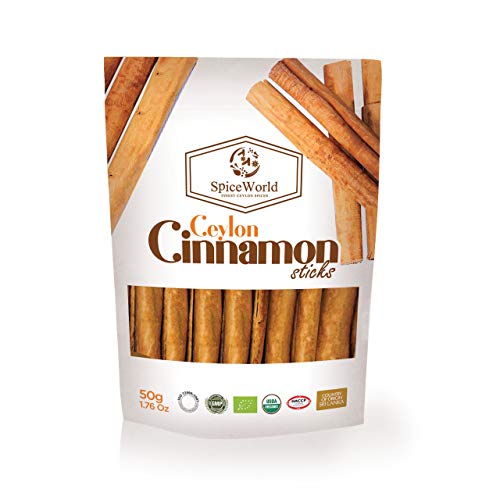 Organic Ceylon Cinnamon Sticks Quills Grade C5 of Premium Quality USDA Certified for the use of Sweet Savoury Dishes, Drinks, and Health Benefits 50g Manufactured & Packed in Sri Lanka