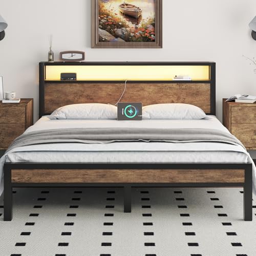 Full Size Bed Frame with Storage Headboard, Industrial Platform Bed with Charging Station and LED Lights, Heavy Duty Metal Slats, No Box Spring Need, Noise Free, Rustic Brown