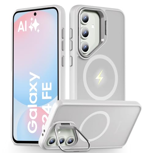 Image of DIZORO TPU+PC Samsung Galaxy S24 FE Case Compatible with Mag Safe & Wireless Charging, with Camera Stand, Military Grade Drop Tested,Translucent Hard Back Soft Edge Back Cover (Camera Stand White)