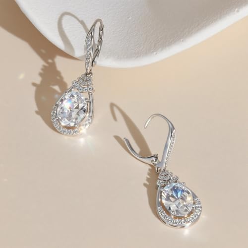 18K White Gold Plated Teardrop Leverback Earrings S925 Sterling Silver Birthstone Dangle Earring for Women Hypoallergenic Oval Cut CZ Earrings Timeless Jewelry Gifts2