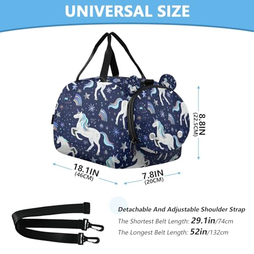 Gym Travel Duffle Bag for Boys Girls Repeating White Unicorns Rainbows Pattern Sports Dance Bag with Shoe Compartment & Wet Pocket Football Kids Travel Bag Teens Sleepover Carry3