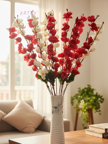 Image of ARTSY Artificial Flowers Bunch for Decoration Cherry Blossom, Ideal for vase, Home, Office Decor, Gifts, Craft, Artificial Plants for Decoration, Without vase, White Maroon, Combo, 2 Pieces