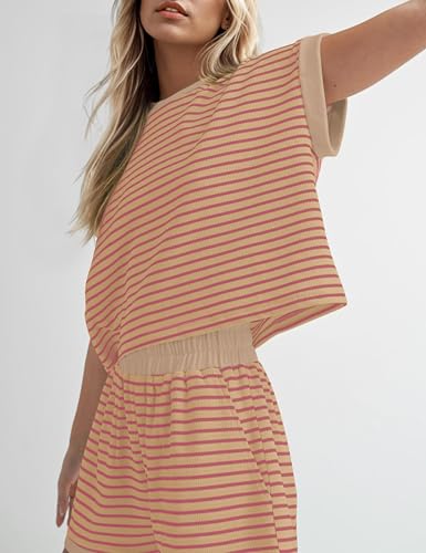 Image of Burtell Women Summer 2 Piece Lounge Sets Striped Short Sleeve Tee Shirts Mini Shorts Loungewear Shorts Set Ribbed Pajama Set
