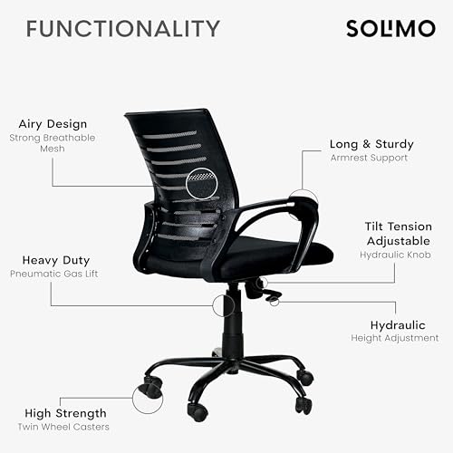 Image of Amazon Brand - Solimo Worklo Mid Back Office Chair for Work from Home | Study | Revolving | Computer (Heavy Duty Powder Coated Metal Base, Stylish Black Mesh)