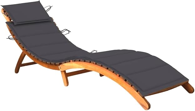 Solid Acacia Wood Outdoor Chaise Lounge Chair Anthracite with Polyester Cushion Adjustable Backrest Oiled Finish for Patio Poolside Garden Relaxation