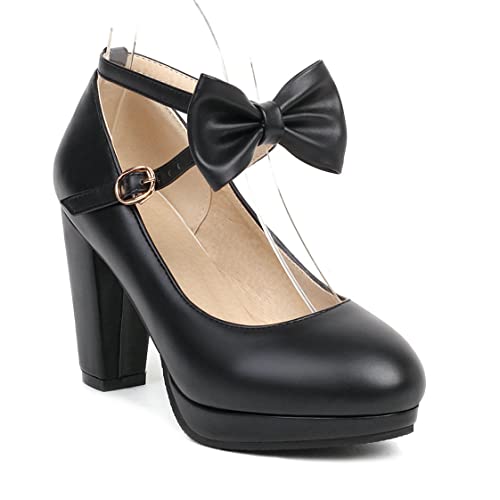 BEAUPAS Women's High Heel Mary Jane Platform Block Heel Ankle Strap Chunky Pumps Round Toe Bows Shoes2
