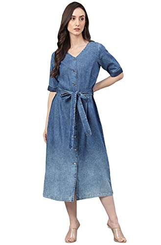 Image of Janasya Women's Denim Solid Straight Western Dress