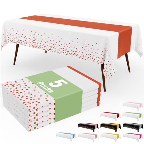 Image of Smiry Plastic Table Cloth Disposable 5 Pack, 54 x 108 Inch Rectangle Waterproof Tablecloth, Printed Gold Table Runner Style for Birthday, Party Decorations, Leakproof & Sturdy, White and Terracotta