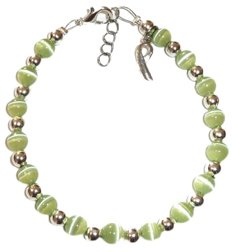 Cancer Awareness Bracelet, For Showing Support or Fundraising Campaign, Adult Size with Extension, 6mm Cat's Eye Beads. Comes Packaged. ((Liver, Lymphoma & transplant - Mint Green)