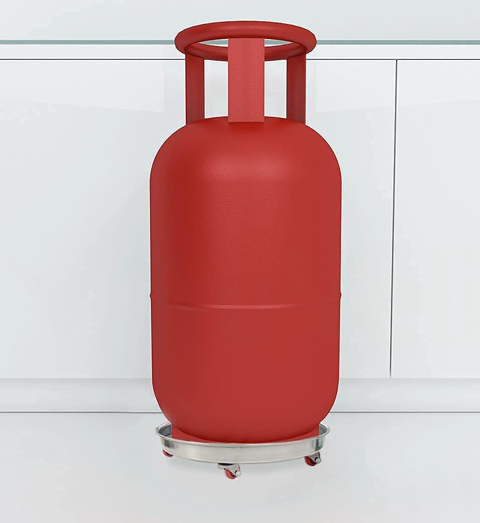 SWAURSAHA Stainless Steel Gas Cylinder Stand Trolley with Strong Wheels | Movable Gas Trolly | LPG Gas Cylinder Stand with Rubber Support on Top | Easily Movable Trolley - Silver (Pack of 1)