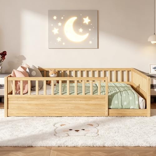 Image of Bellemave Queen Size Kids Montessori Floor Bed,Solid Wood Floor Bed Frame with High Fence and Door for Kids,Girls,Boys,Natural