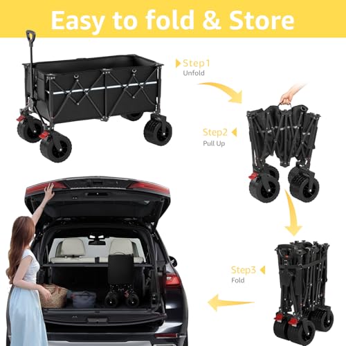 Image of ROSONG Collapsible Wagon Cart with Wheels Foldable - Folding Utility Heavy Duty Wagons Carts for Grocery Sports Garden Shopping Camping Wheelbarrows (Black, 260L)