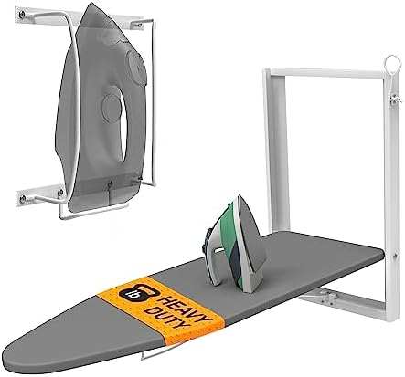 Xabitat Wall Mounted Ironing Board with Iron Holder | 36.2" X 12.2" Compact Mount Fold Down Iron Board for Small Spaces | Space Saving with Cotton Fabric Cover | White and Grey
