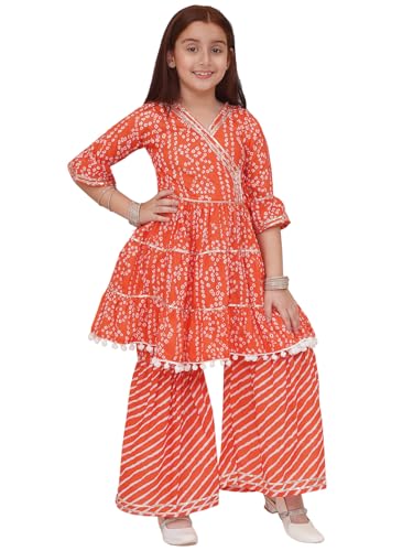 Image of Preneum Girl's Cotton Rayon Bandhani & Lahariya Printed Angrakha Kurta with Sharara & Dupatta