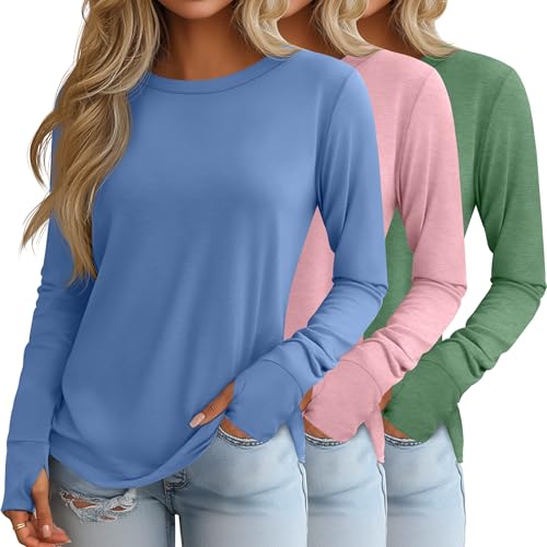 Huukeay 3 Pack Women's Long Sleeve Shirts with Thumb Holes, Cotton Casual Crew Neck Tunic Tops Fall Loose Y2k Trendy Outfits