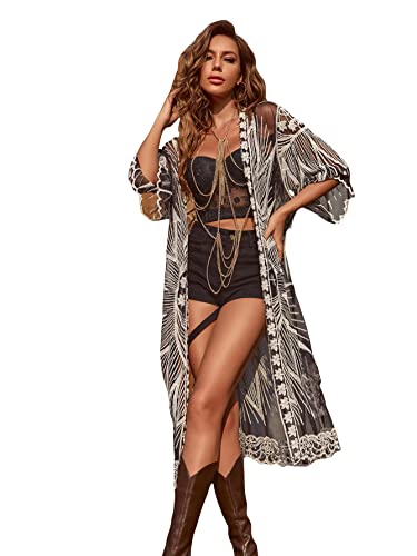 Floerns Women's Embroidery Sheer Mesh 3/4 Sleeve Swimwear Long Kimono