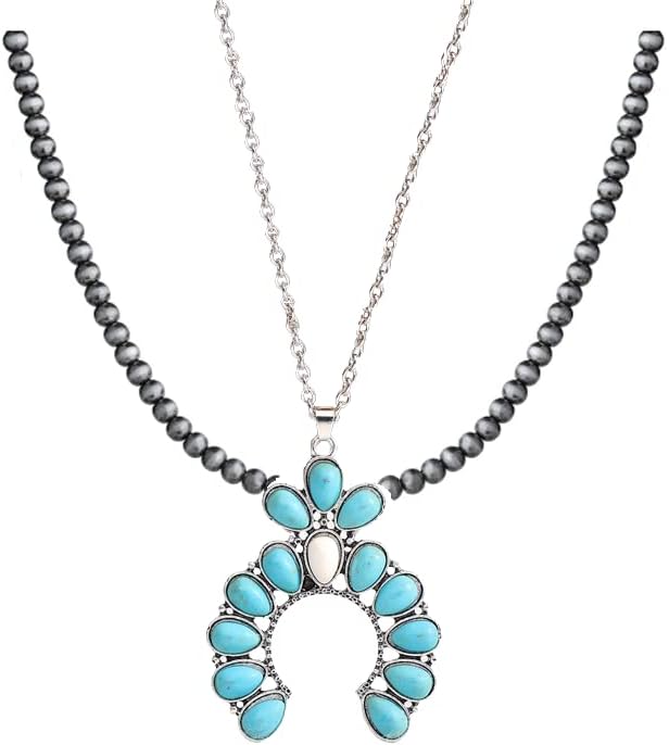 Navajo Western Pearl Necklace - Vintage Boho Choker with Turquoise Stones for Women