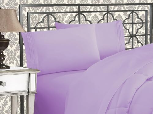 Elegant Comfort Luxurious 1500 Premium Hotel Quality Microfiber Three Line Embroidered Softest 5-Piece Bed Sheet Set, Wrinkle and Fade Resistant, Split King, Lilac