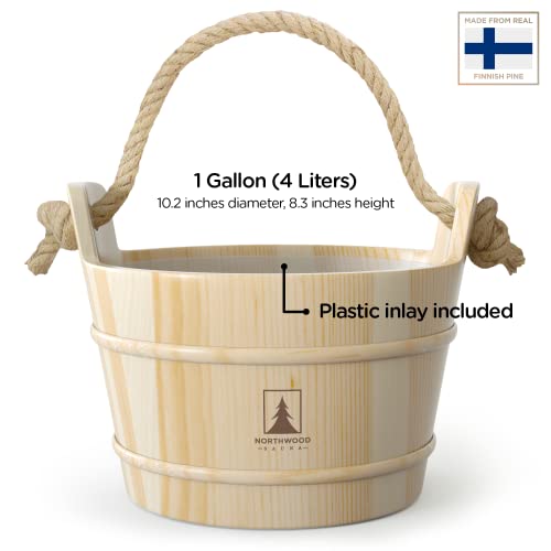 Northwood Sauna Bucket And Ladle Set - Handmade From Finnish Pine Wood - Plastic Liner And Rope Handle #TOP1